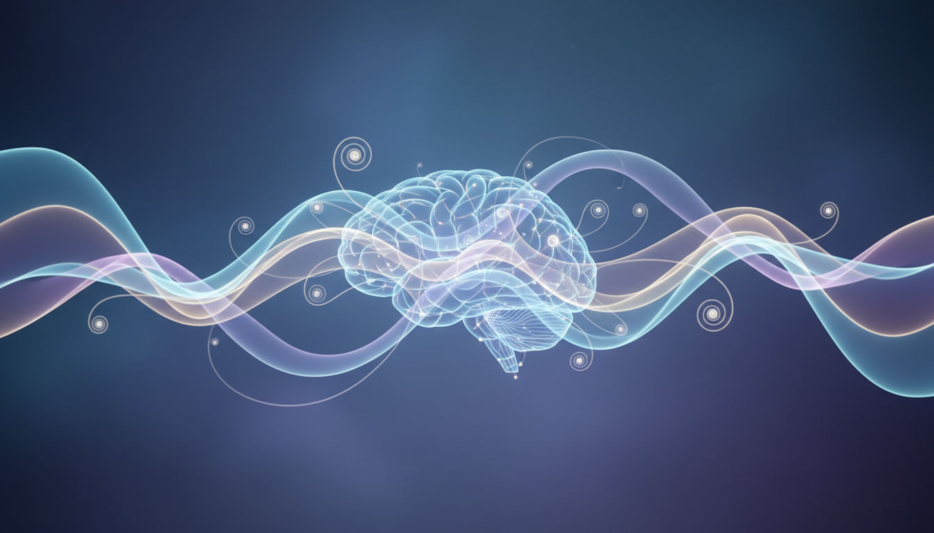 Subtile, fließende Wellen aus Licht und Energie, die die Gehirnaktivität sanft lenken und tiefe Entspannung sowie verbesserte Konzentration symbolisieren.