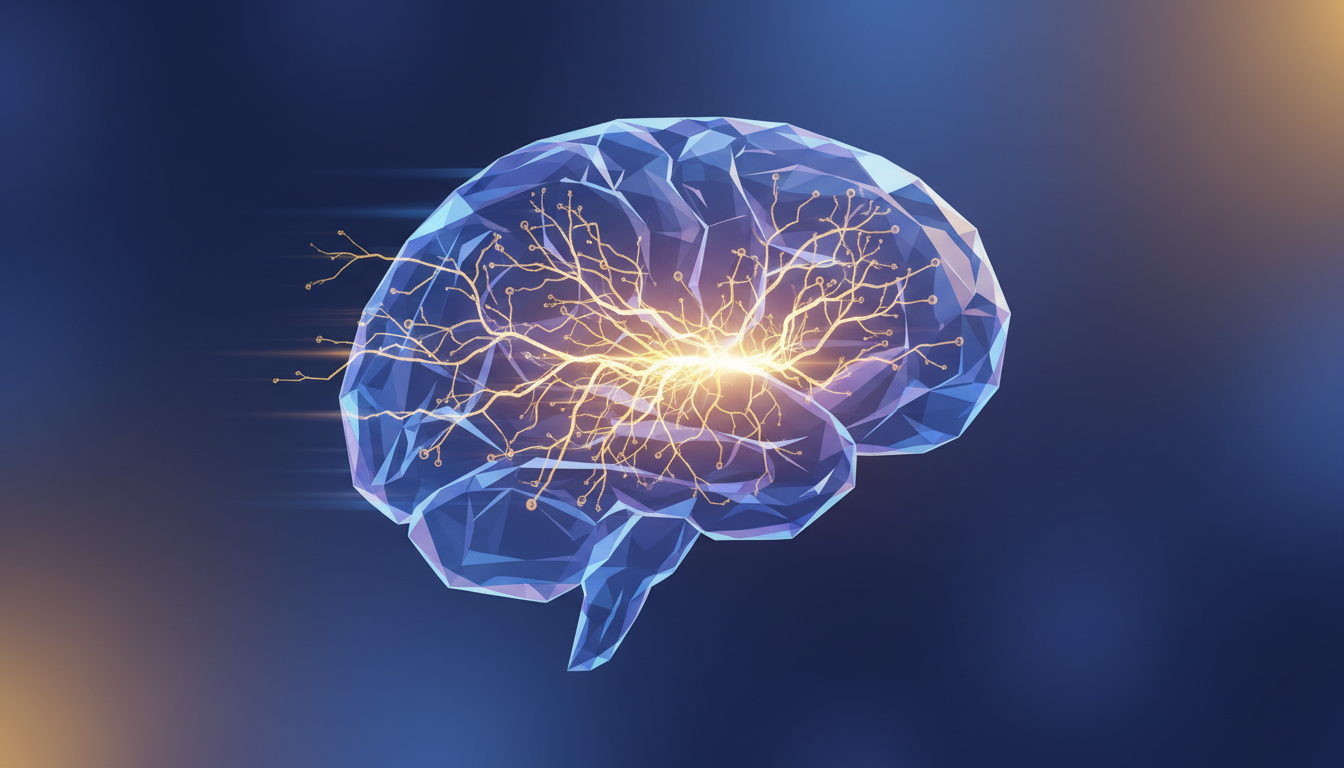 Ein komplexes Netzwerk goldener Pfade bildet sich schnell in einem durchsichtigen, geometrischen Gehirn, was eine verbesserte kognitive Funktion nach einem Power-Nap darstellt.