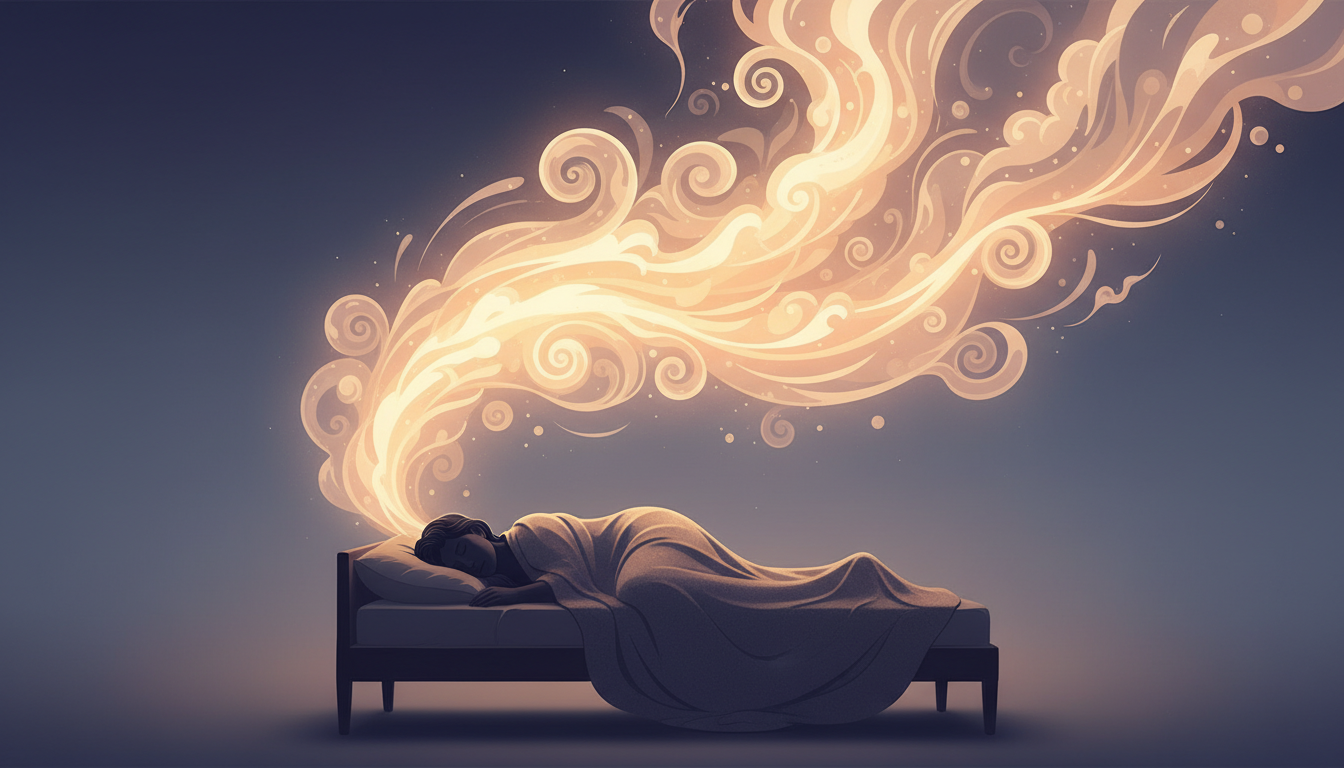 Friedliche Silhouette schläft tief unter einer Decke, umgeben von ätherischen Lichtmustern, symbolisiert erholsamen Schlaf mit einer Gewichtsdecke.