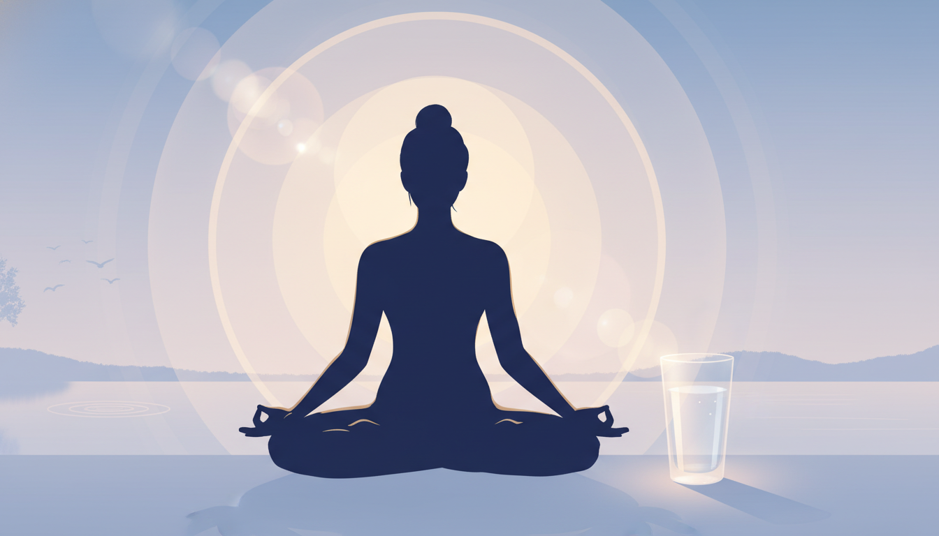 Person in meditativer Pose bei Sonnenaufgang mit einem Glas Wasser, umgeben von sanftem Licht, das Erwachen und Ruhe symbolisiert.