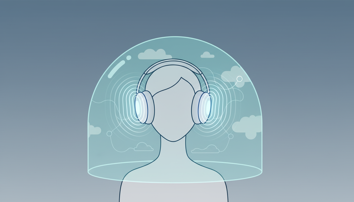 Eine Figur mit Kopfhörern, von deren Ohren zarte, konzentrische Lichtwellen ausgehen, die einen ruhigen und klaren mentalen Raum um sie herum beeinflussen.