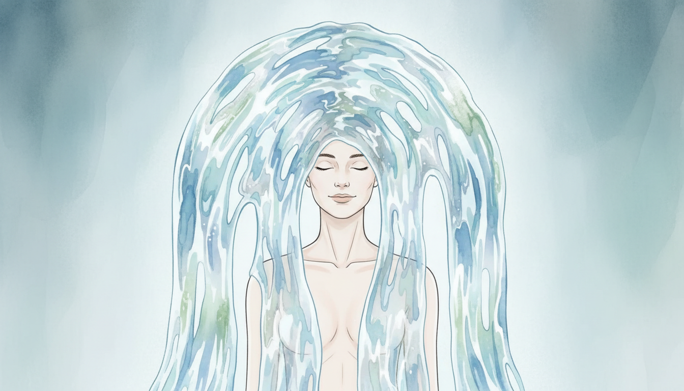 Eine ruhige Person steht unter einem sanften Strom von abstraktem, schimmerndem kaltem Wasser, mit einem gelassenen Ausdruck, der Widerstandsfähigkeit und Anpassung an Kälte symbolisiert, wie es bei der Wim-Hof-Methode gelehrt wird.