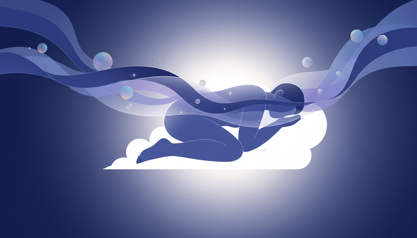 Tiefe, erholsame Wellen aus sanftem blauem und violettem Licht fließen über eine schlafende Person und symbolisieren tiefe Entspannung und zelluläre Regeneration während ungestörter Ruhe.