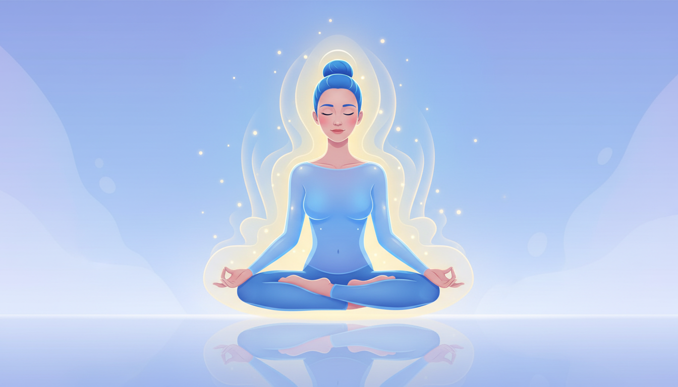 Person in friedlicher Pose mit fokussiertem Ausdruck und lebendiger Aura, symbolisiert Konzentration und Balance.