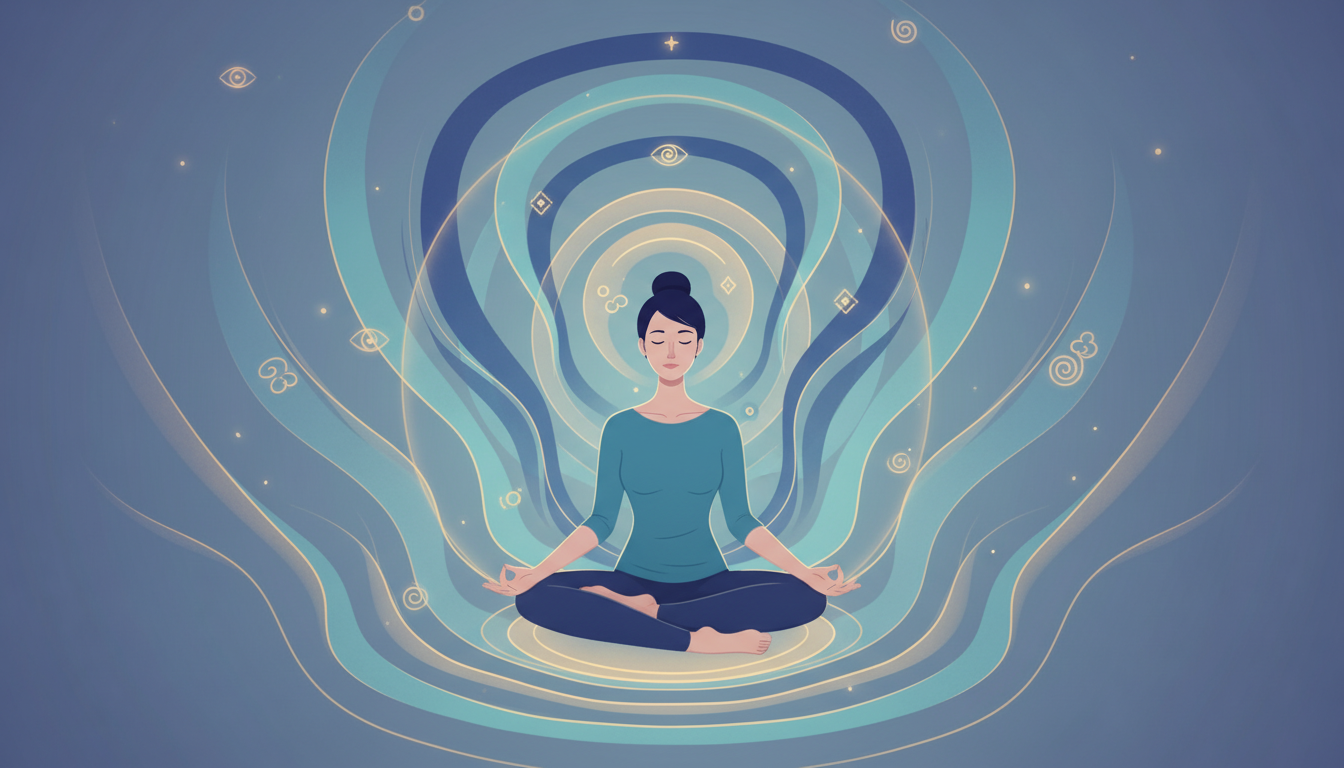 Meditierende Person umgeben von Energiewellen, symbolisiert Entspannung und Einsichten.