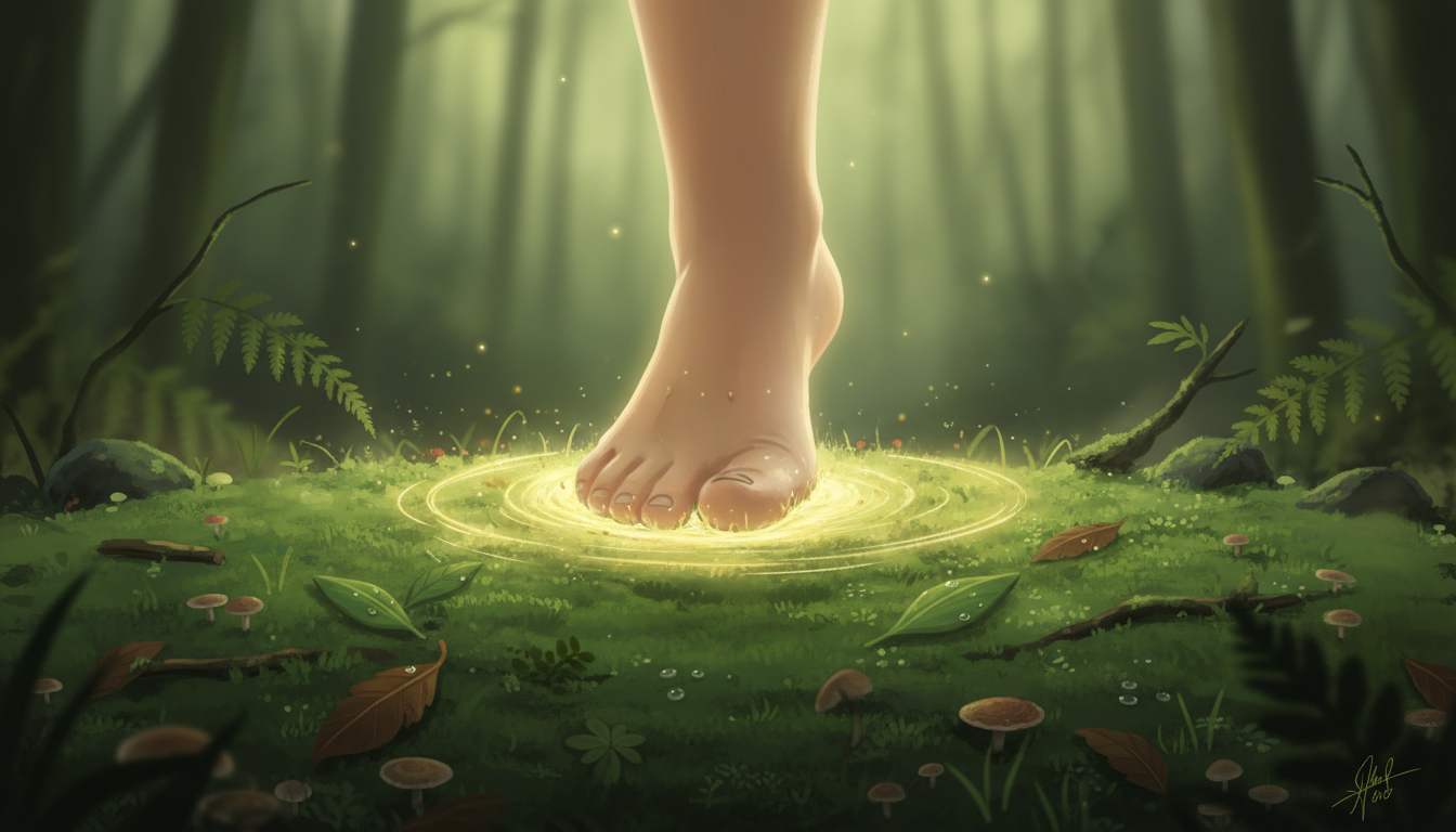 Nackter Fuß berührt sanft moosigen Waldboden, mit einem sanften Glühen, das eine tiefe, achtsame Verbindung zur Erde symbolisiert.
