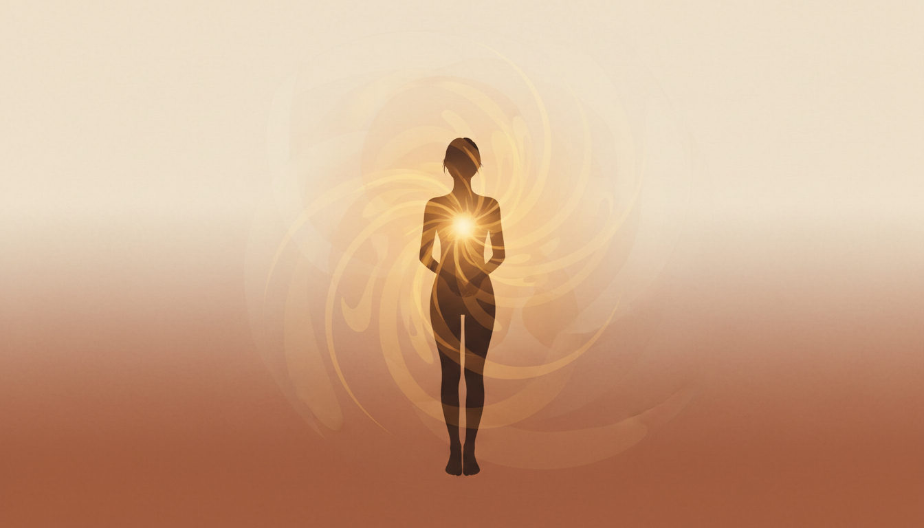 Eine Silhouette einer Person, von deren Brust ein warmes, sanftes Licht nach außen strahlt, das innere Ruhe und einen ausgeglichenen Seinszustand illustriert.