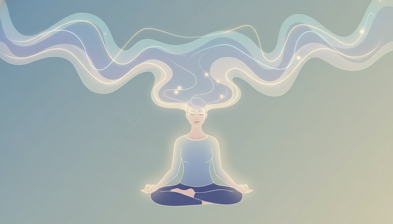 Eine in meditativer Haltung versunkene Person, umgeben von einer friedlichen Aura und sanften, wellenförmigen Lichtmustern, die fokussierte und entspannte Gehirnaktivität darstellen.