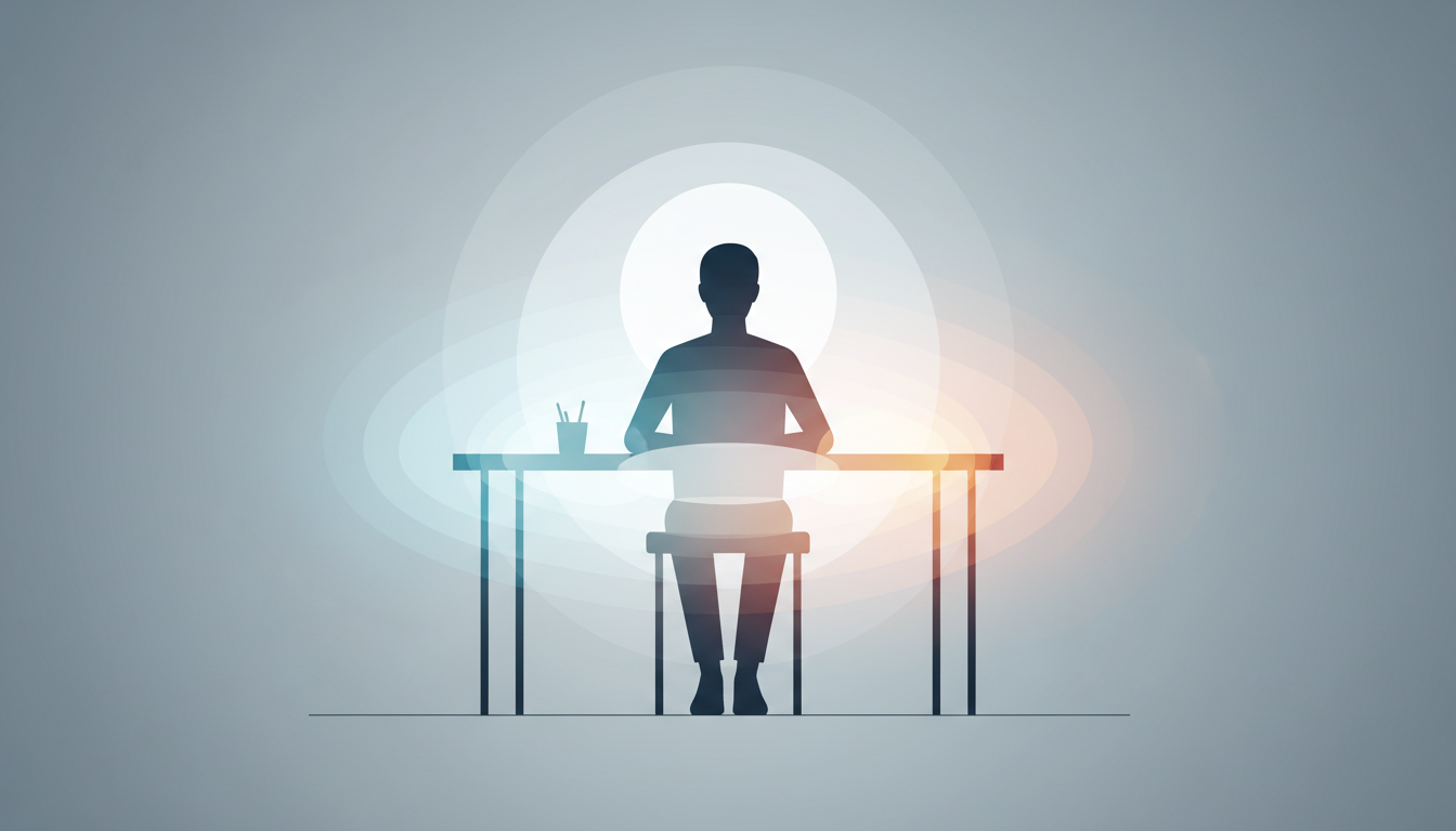 Eine Silhouette einer Person an einem sauberen Schreibtisch, umgeben von einer strahlenden Aura der Ruhe und Energie, die innere Klarheit und Selbstfindung widerspiegelt.