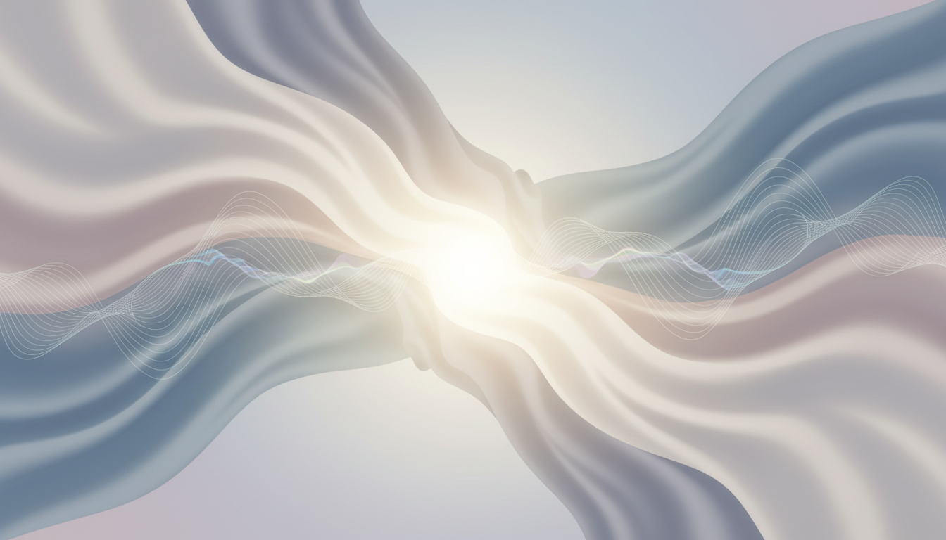 Harmonische Komposition aus weichen Stofftexturen, strahlendem Licht und Wellenmustern, die auf einen ruhigen Punkt zulaufen und ganzheitliches Wohlbefinden durch eine Gewichtsdecke darstellen.