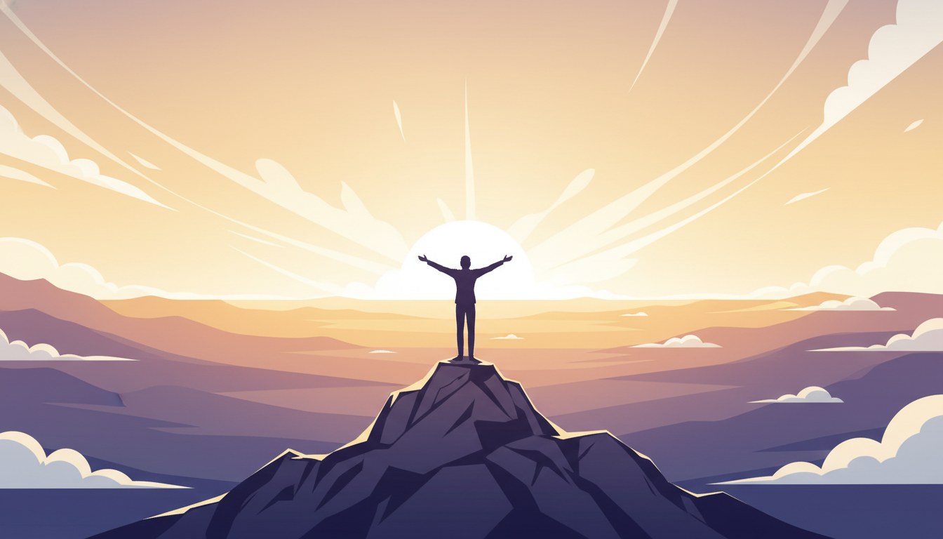Person auf Berggipfel bei Sonnenaufgang mit offenen Armen, blickt auf weiten Horizont, symbolisiert Transformation und Erfüllung.