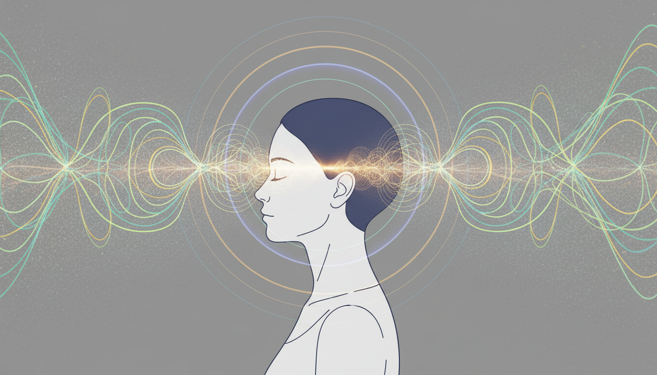 Profil einer ruhig meditierenden Figur, von deren Kopf sanfte Wellen ausgehen, die die Umgebung in harmonische Muster verwandeln und mentale Regulation symbolisieren.