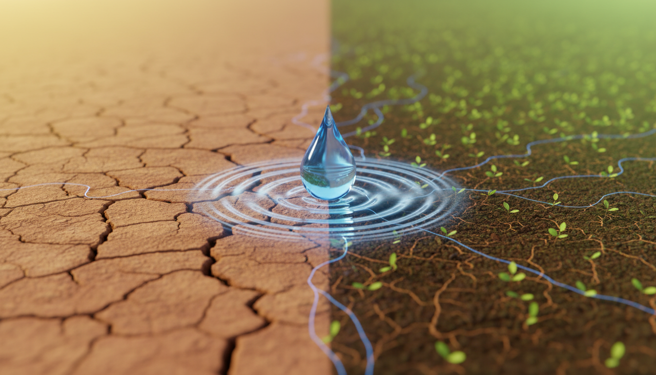 Ausgetrocknete Erde, die durch einen kraftvollen Wassertropfen revitalisiert und fruchtbar wird, was die Energie durch Hydration darstellt.