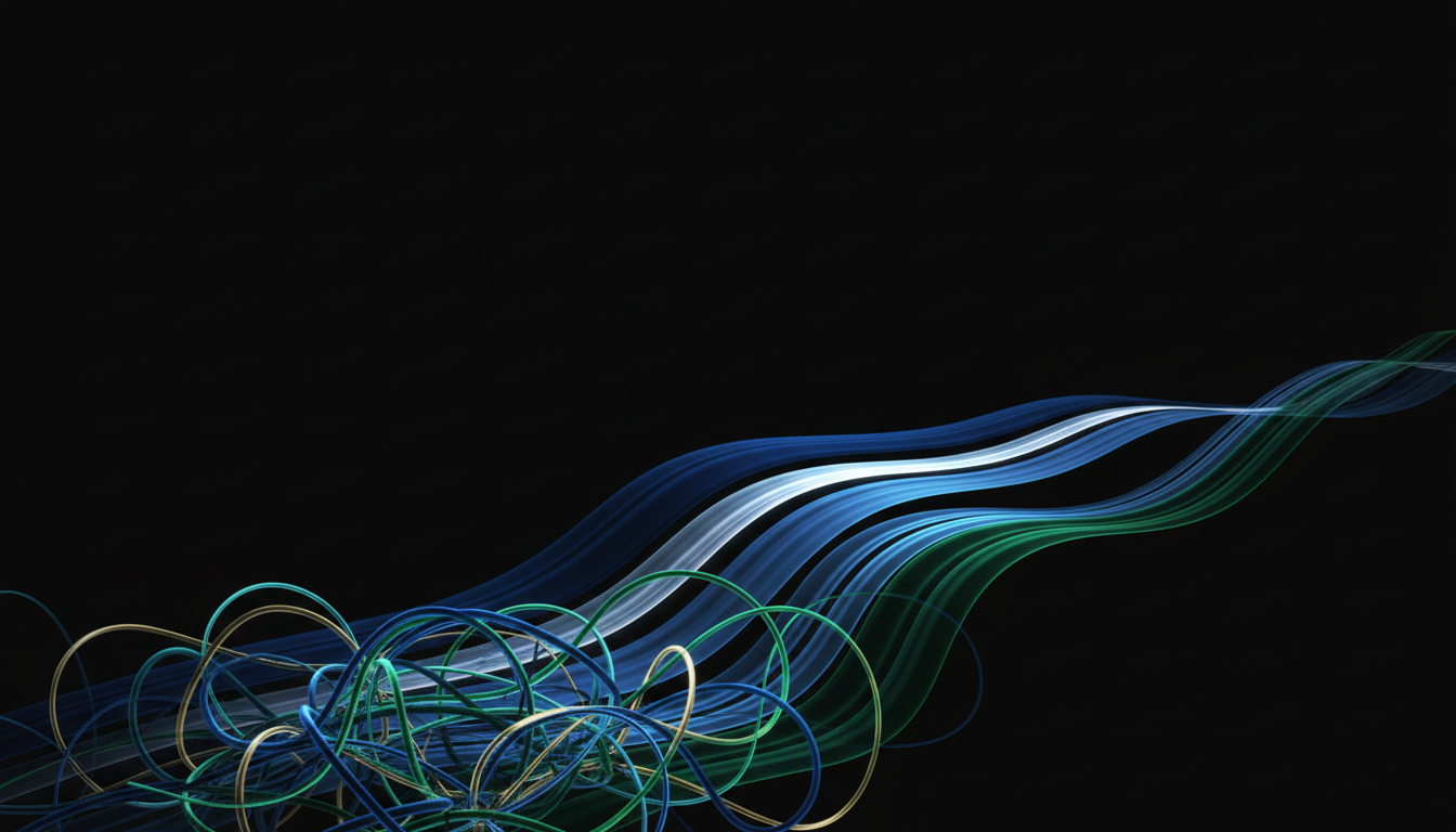 Abstrakte, fließende Lichtlinien, die sich von anfänglich chaotischem Gewirr in elegante, parallele Ströme verwandeln, symbolisierend optimierte Routinen und Klarheit.
