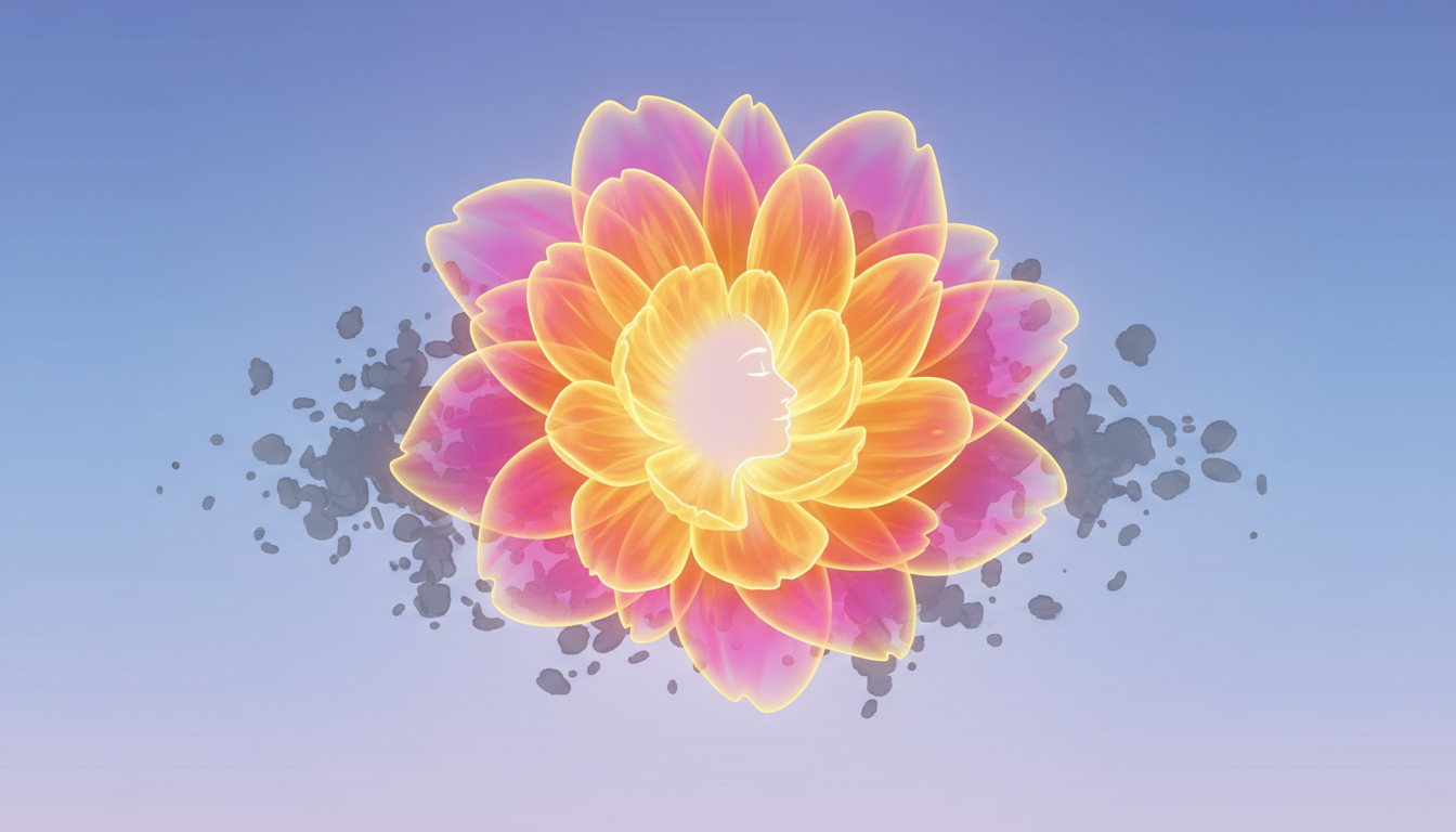 Eine leuchtende, blühende Lichtblume ersetzt graue Wolkenfragmente, die von einem ruhigen Gesicht wegdriften, was die stimmungsaufhellende Wirkung der Aromatherapie symbolisiert.