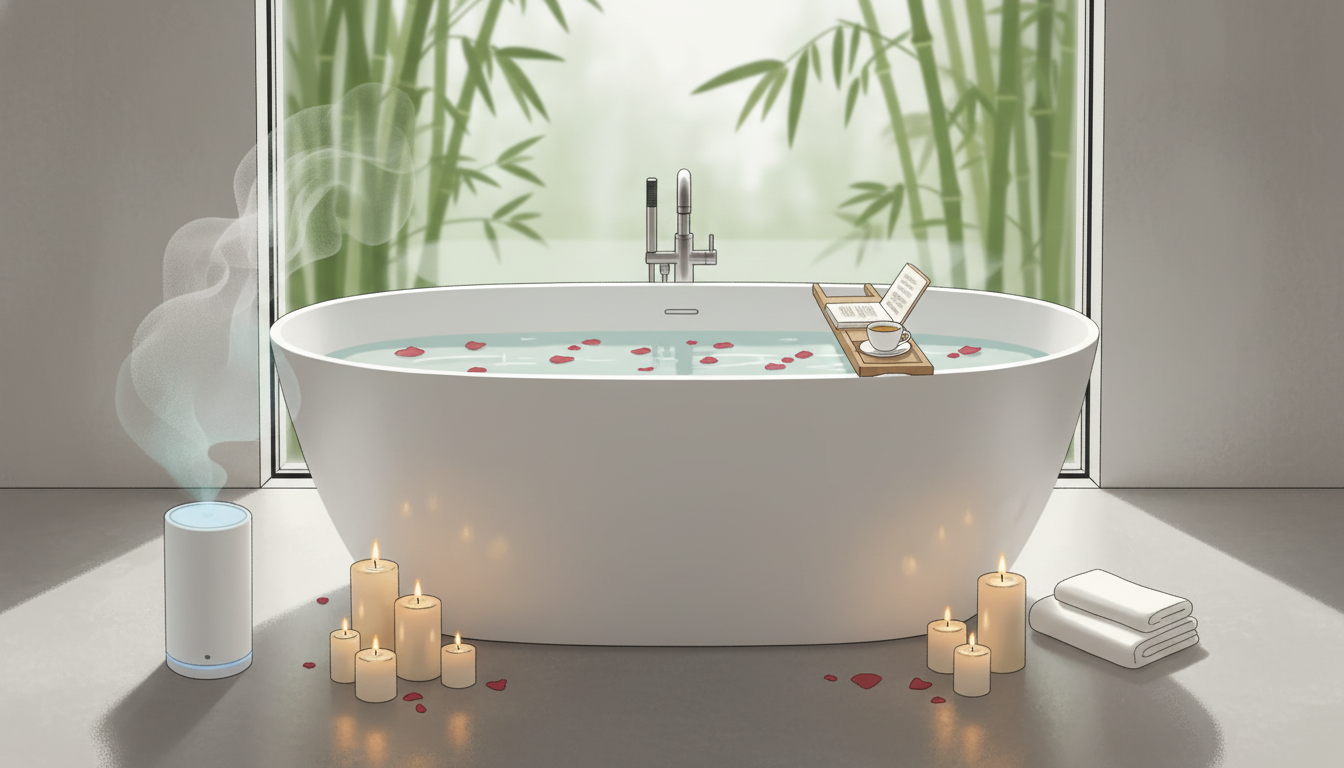 Holistische Badszene mit Badewanne, Kerzenlicht, ätherischem Öl-Diffusor, komplettes Wellness-Ritual.