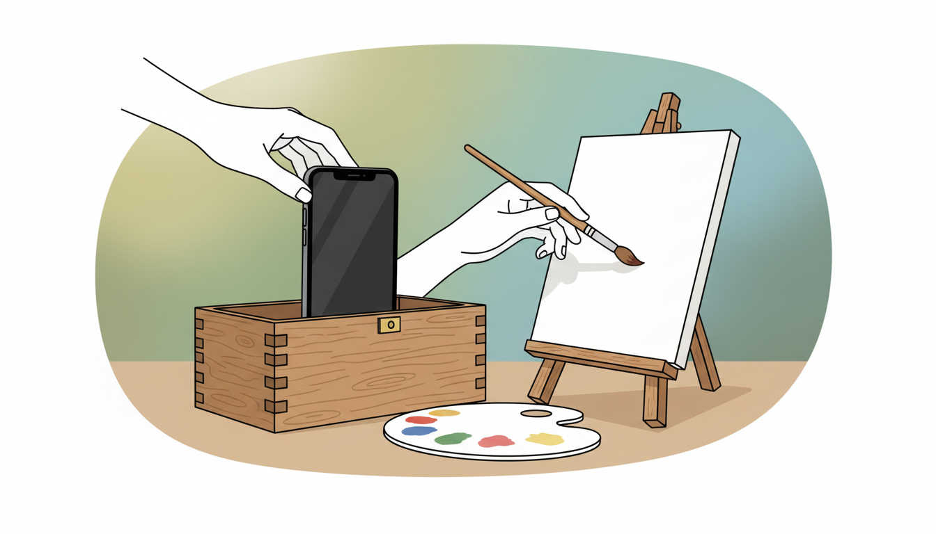 Hände legen Smartphone in Holzkiste, greifen nach Pinsel und Leinwand, symbolisiert digitalen Detox und Kreativität.