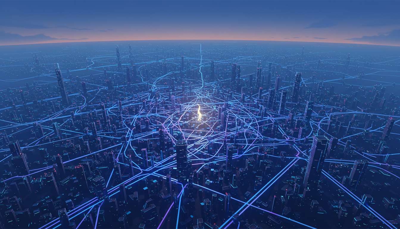 Stadtbild bei Dämmerung mit sich kreuzenden Leuchtwegen, die in einem schwachen Licht münden, symbolisierend mentale Erschöpfung durch zu viele Entscheidungen.