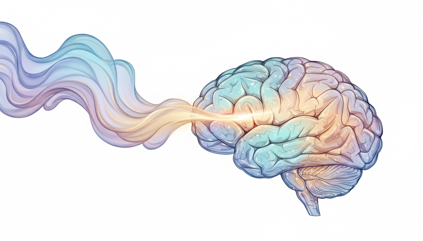Aromatischer Dampf strömt in ein abstraktes Gehirn, beleuchtet Pfade für Ruhe und Gedächtnis und symbolisiert die Wirkung von Aromatherapie.