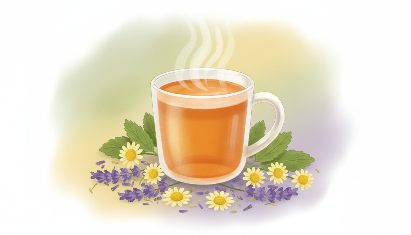 Bernsteinfarbener Kräutertee in einer dampfenden Tasse, umgeben von getrockneten Lavendelblüten, Kamille und frischen Melissenblättern, die eine beruhigende Atmosphäre schaffen.