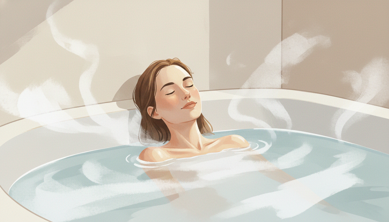 Entspannte Person taucht in warmes Bad mit aufsteigendem Dampf, sanftes Licht, tiefe Ruhe.