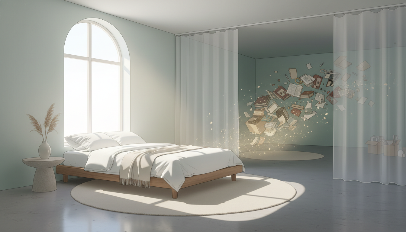 Ein ruhiges, minimalistisches Zimmer mit eleganten Möbeln und weichem, natürlichem Licht, das Klarheit und Gelassenheit ausstrahlt, mit einem verblassenden Hinweis auf frühere Unordnung.