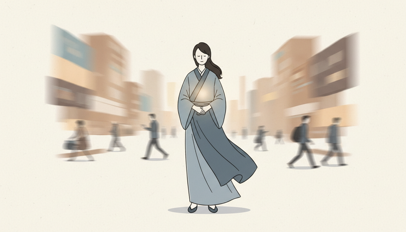 Eine ruhige Person mit leuchtender Brust in einer geschäftigen Stadt, symbolisiert innere Stimme.