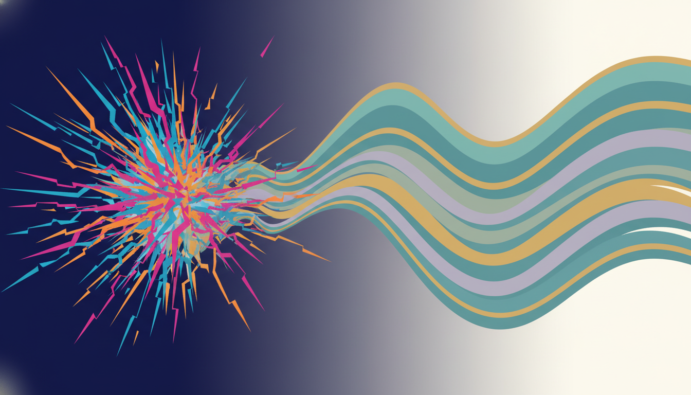 Visualisierung von Energiewellen, die von chaotisch zu harmonisch wechseln, symbolisierend tiefe Entspannung.
