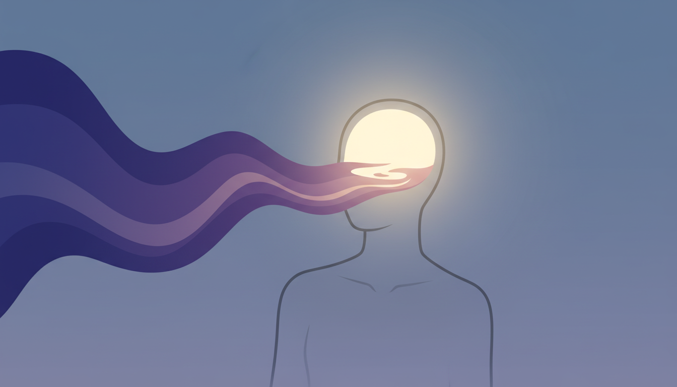 Sanfte Klangwellen in Indigo und Violett, die in eine menschliche Silhouette fließen und tiefen, erholsamen Schlaf im Kopf symbolisieren.