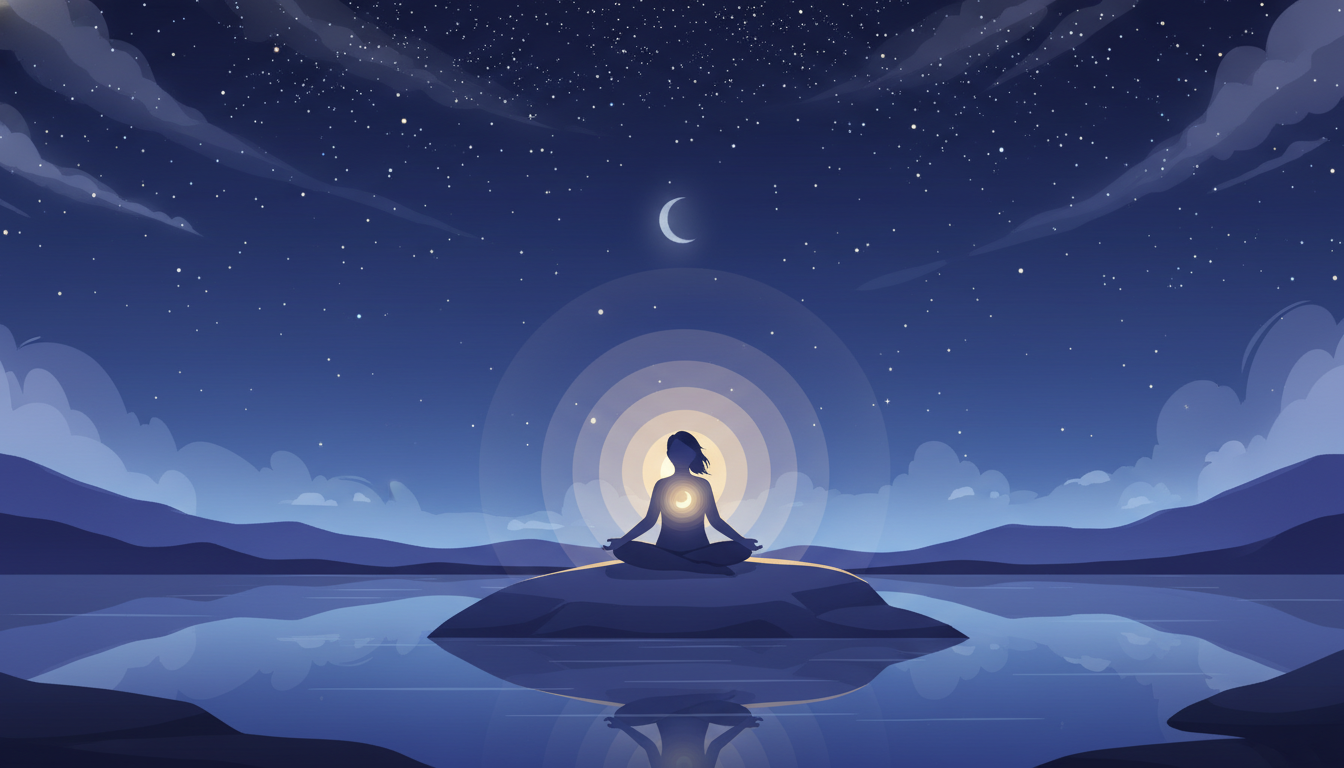 Eine friedliche Person meditiert oder schläft unter einem Sternenhimmel, umgeben von einem beruhigenden inneren Licht, symbolisierend tiefe Entspannung durch die Neowake-App.