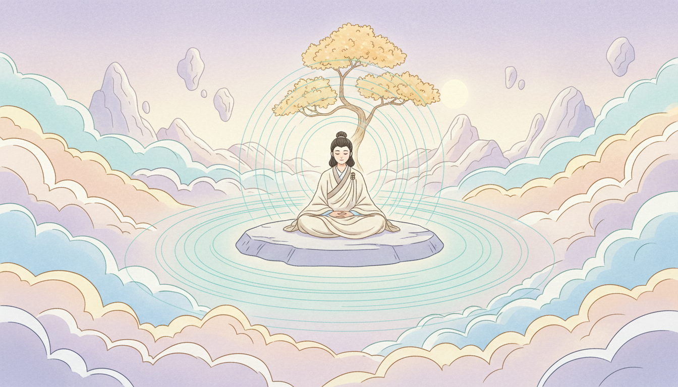 Eine friedlich meditierende Figur in einer ätherischen Landschaft, umgeben von einer Aura der Achtsamkeit und Präsenz.