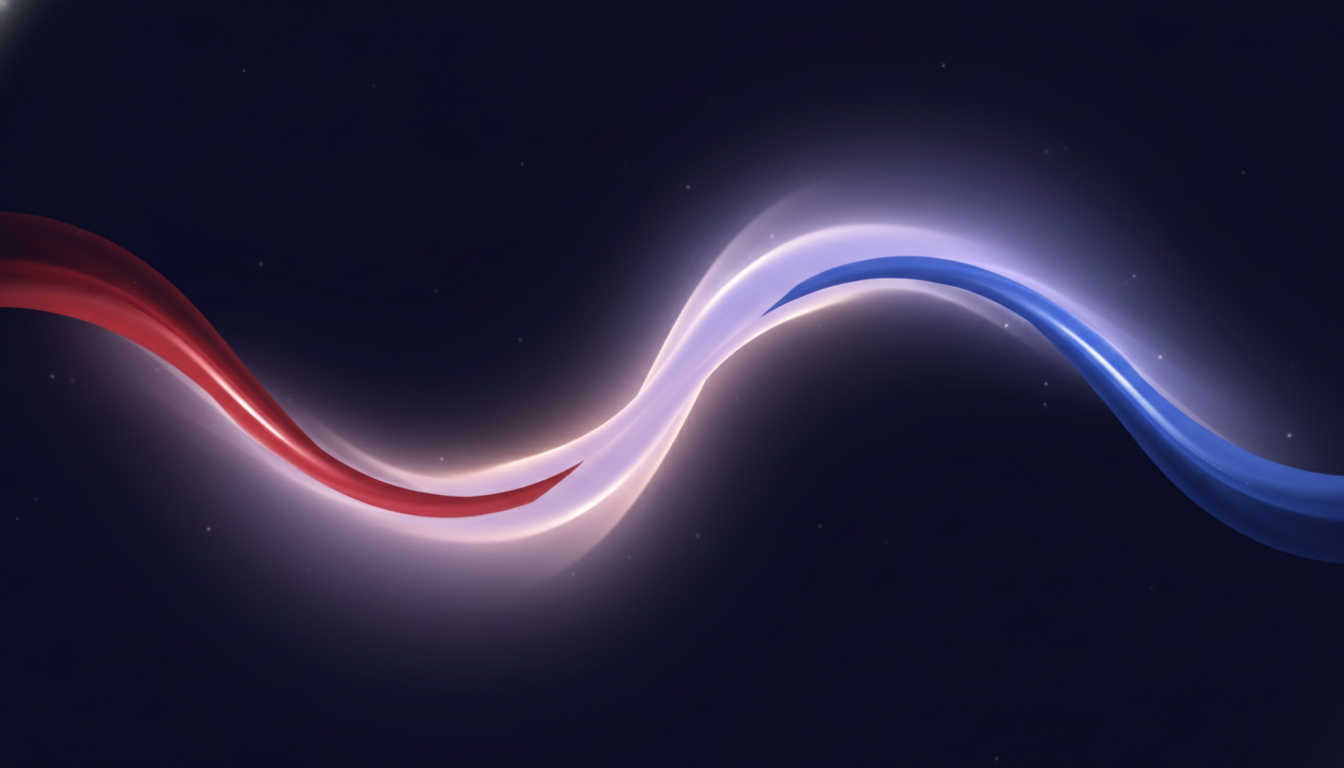 Zwei unterschiedliche, lebendige Licht- oder Energieströme, die sich annähern, elegant verschmelzen und einen neuen, dritten Strom bilden, der sanft leuchtend expandiert, symbolisiert die Wirkung von Neowake Bio-Frequenzen.