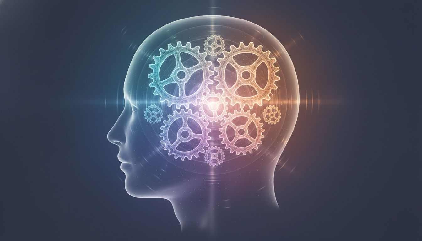Ein filigraner, leuchtender Zahnradmechanismus im Inneren einer durchscheinenden menschlichen Kopfsilhouette, der die innere biologische Uhr mit wechselnden Blau- und Goldtönen darstellt.