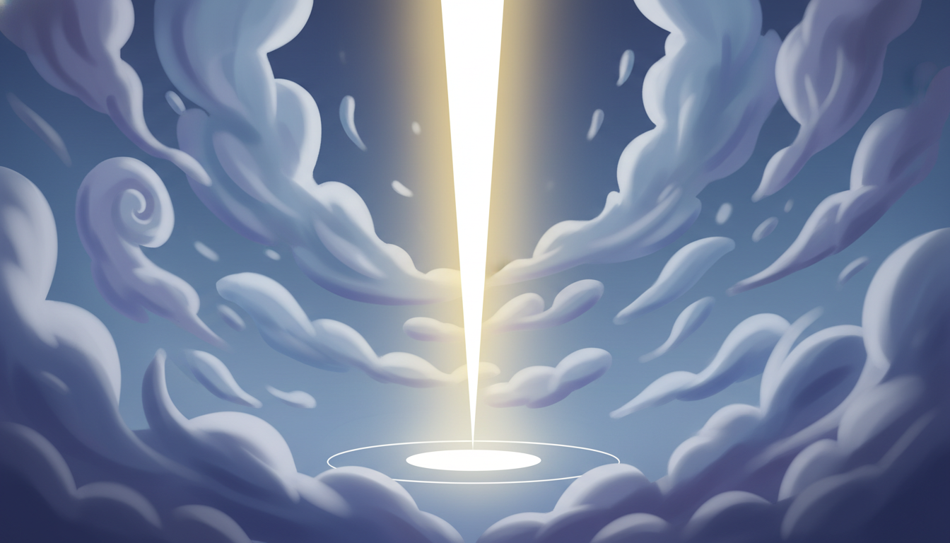 Ein intensiver Lichtstrahl durchschneidet wirbelnden Nebel und symbolisiert verbesserte Klarheit und Konzentration inmitten mentaler Ablenkungen, ein Feature der Neowake-App.