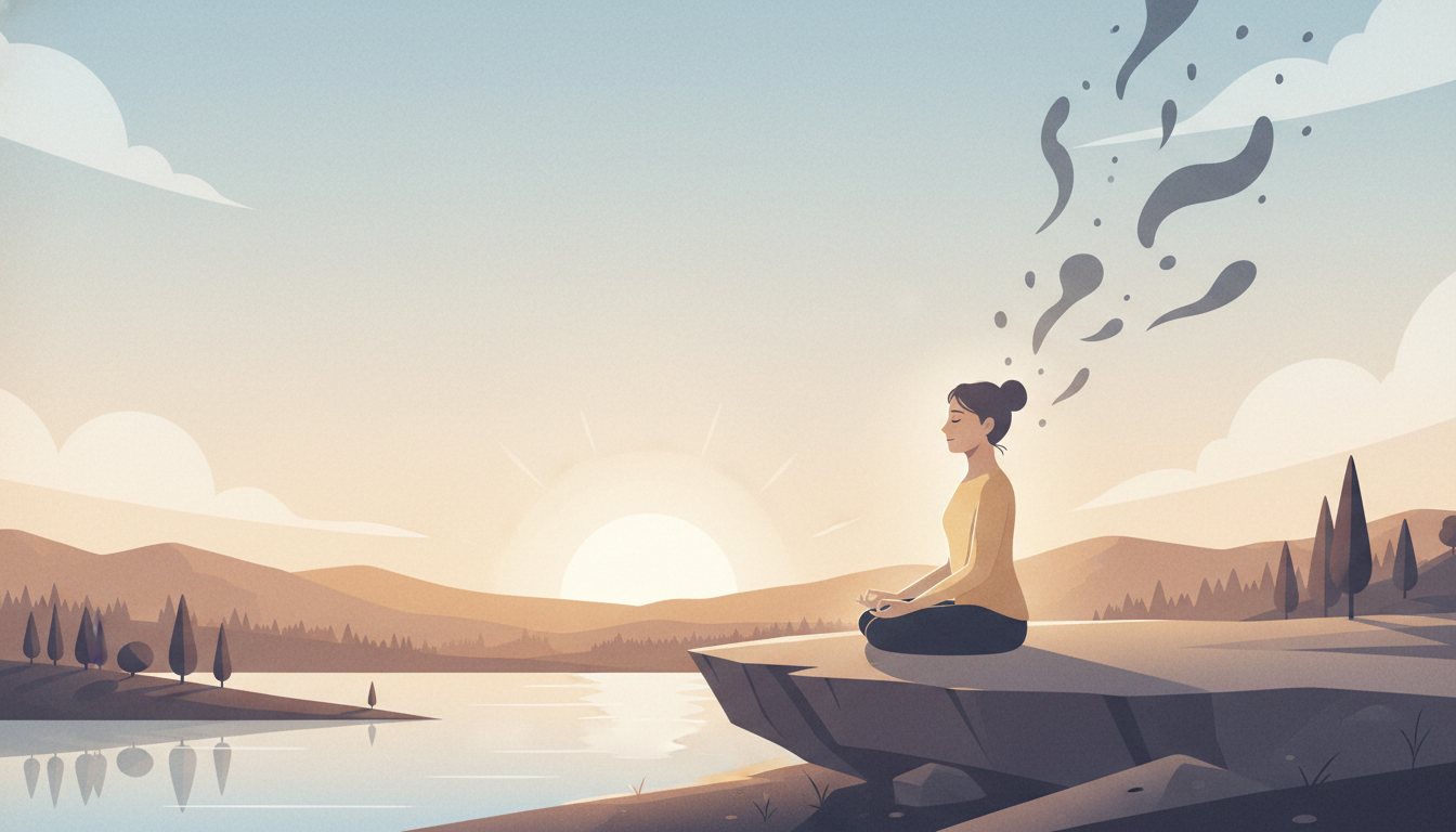 Eine Person in meditativer Pose in einer friedlichen Landschaft, umgeben von warmem Licht, während Schatten des Stresses sich sanft auflösen, was die stressreduzierende Wirkung von Neowake unterstreicht.