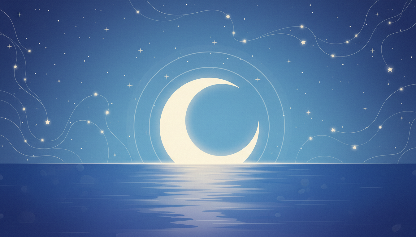 Ein ruhiger Nachthimmel mit einem sanft aufgehenden Mond, der verbesserten Schlaf und mentale Klarheit anzeigt.