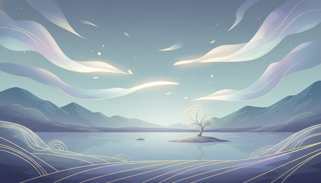 Eine ruhige, ätherische Landschaft mit sanft pulsierenden Lichtern, die durch die Luft wellen und ein Gefühl tiefer Ruhe und erholsamen Friedens vermitteln, repräsentativ für die Wirkung von Neowake.