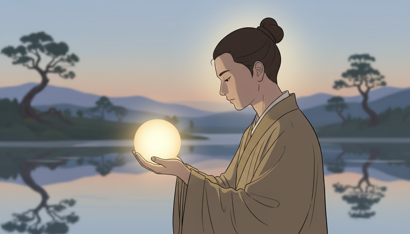 Eine ruhige Person hält eine leuchtende Kugel konzentrierter Gedanken, symbolisiert innere Ruhe und die meditative Wirkung von ASMR.