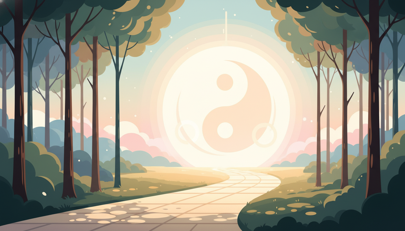 Ein beleuchteter Pfad schlängelt sich durch einen friedlichen Wald zu einem leuchtenden Horizont, symbolisierend eine Reise zu innerer Balance und Selbstfindung mit der Neowake-App.