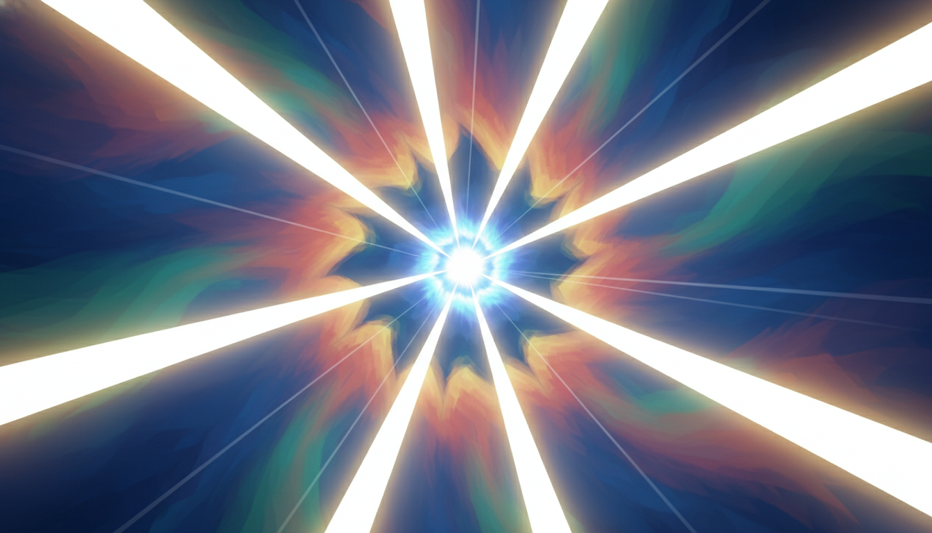Helle, fokussierte Lichtstrahlen, die einen klaren, scharfen zentralen Punkt beleuchten und erhöhte Konzentration und mentale Energie symbolisieren, relevant für die Fokus-Vorteile von Neowake.