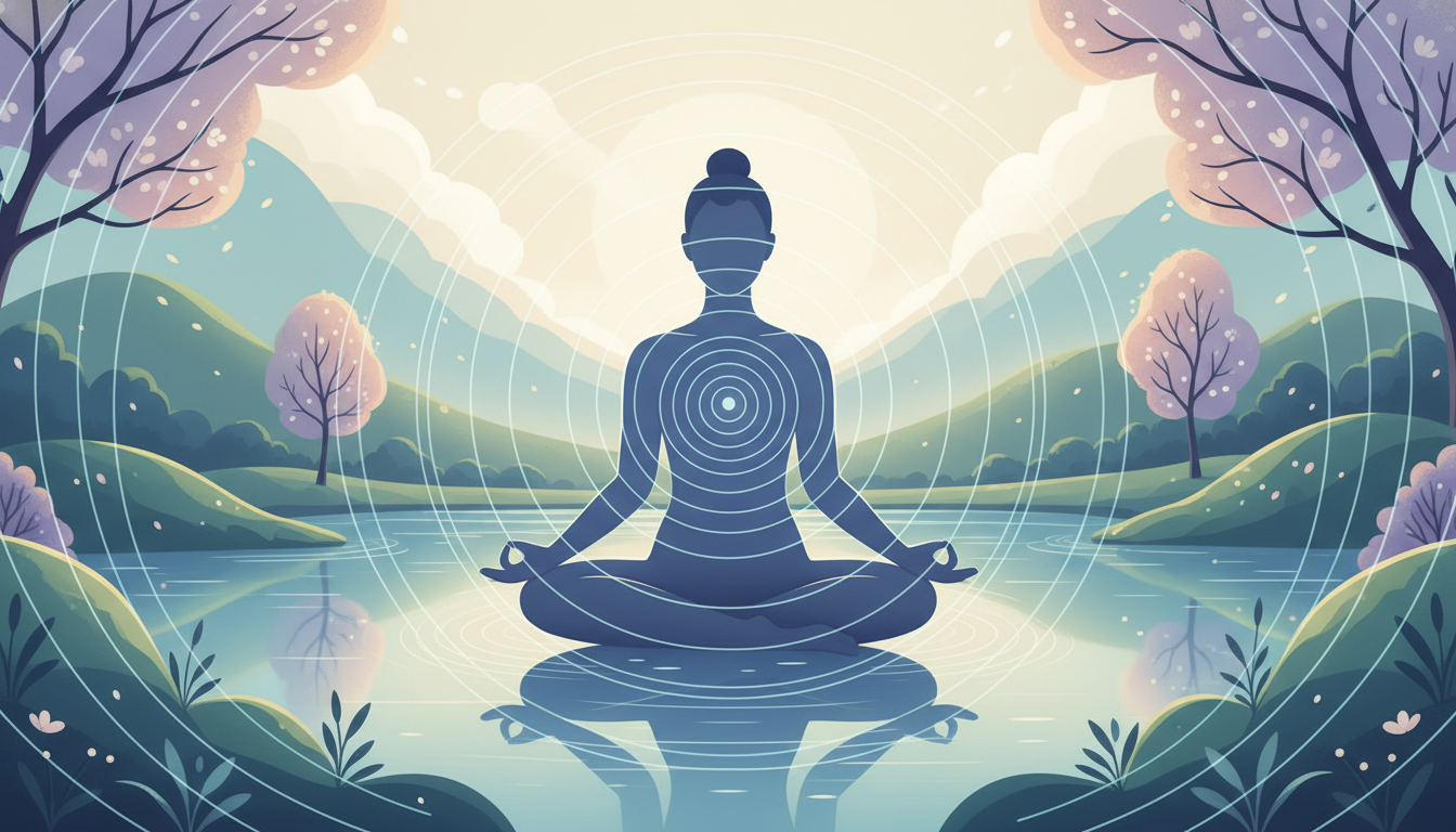 Ruhige Figur in Meditationshaltung mit beruhigenden Lichtmustern, die tiefe Entspannung und mentales Gleichgewicht durch Kaltwasseranwendungen symbolisiert.