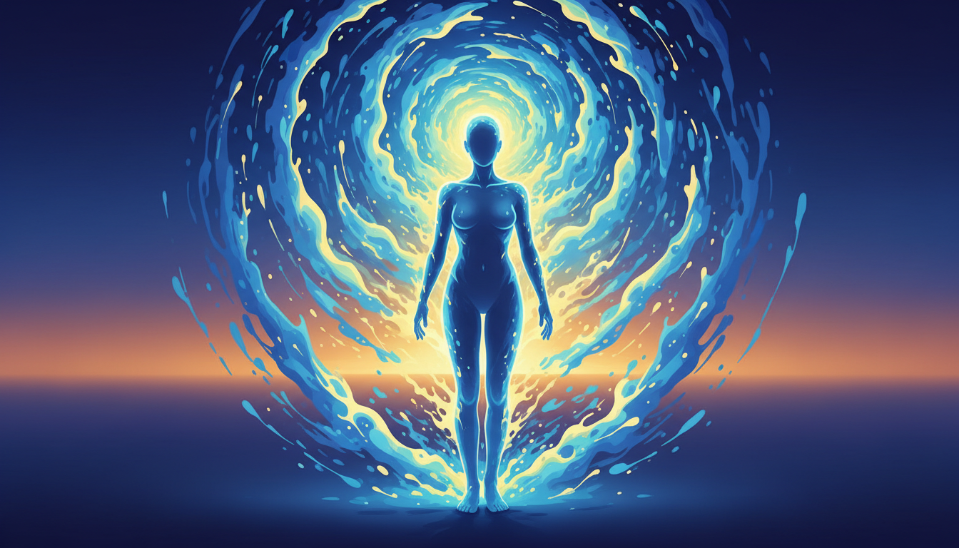 Eine lebendige, leuchtende menschliche Silhouette, die selbstbewusst steht und von einer Aura heller, dynamischer Energie umgeben ist, symbolisiert einen voll aufgeladenen natürlichen Akku.