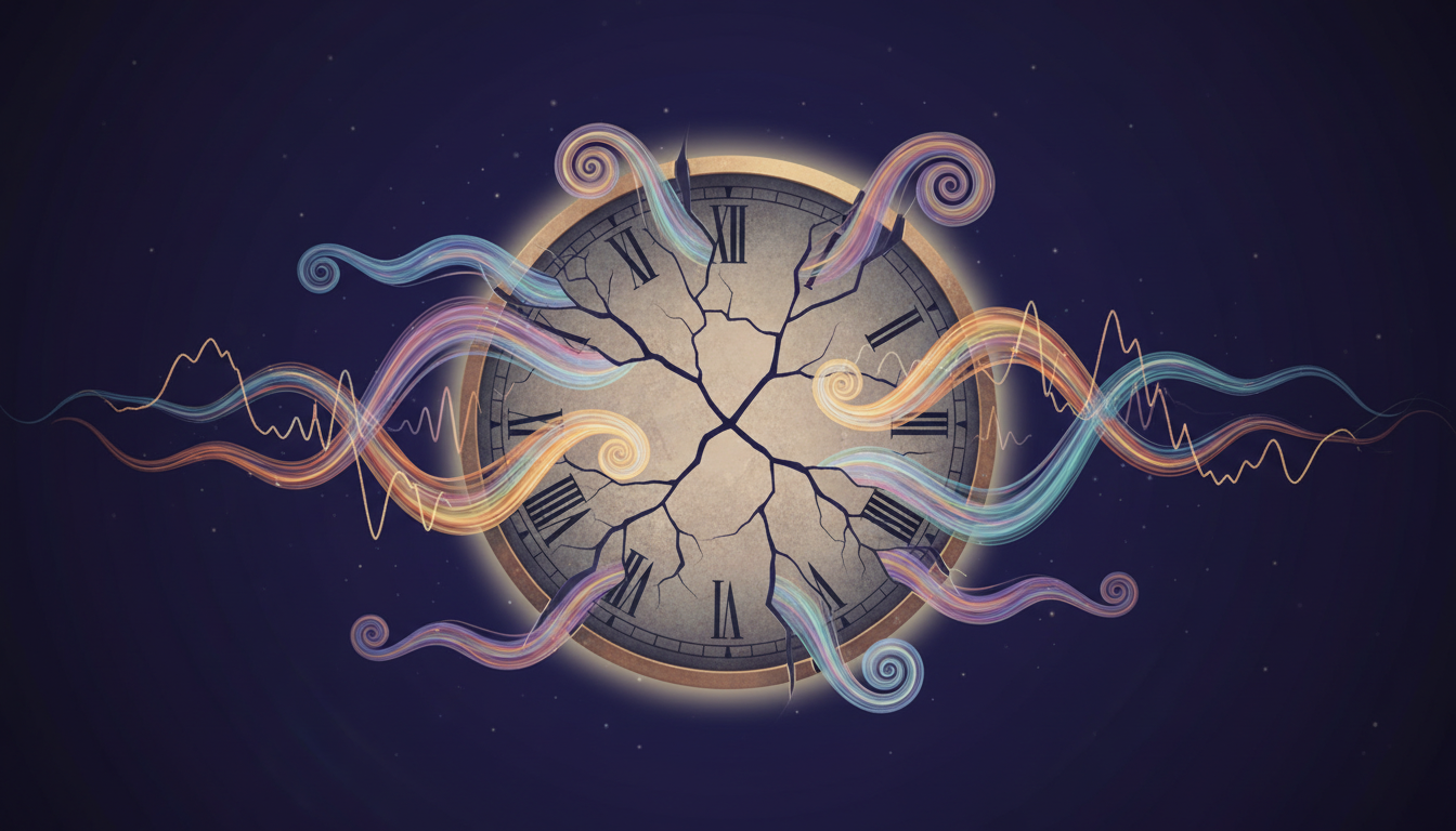 Zersprungenes Zifferblatt einer Uhr umgeben von individuellen Lichtmustern, die unterschiedliche Schlafbedürfnisse symbolisieren.