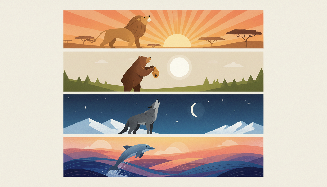 Majestätischer Löwe im Sonnenaufgang, ruhiger Bär am Mittag, schlanker Wolf unter dem Mond und agiler Delfin in der Dämmerung, die vier Chronotypen darstellend.