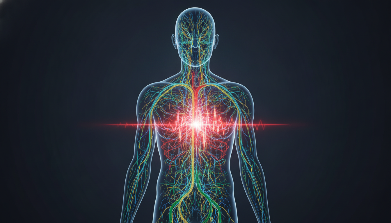 Transparente menschliche Kontur, überaktive neuronale und hormonelle Systeme, ein zentraler Pfad pulsiert mit erratischem, hellem Rot, Zeichen inneren Alarms durch Stress.