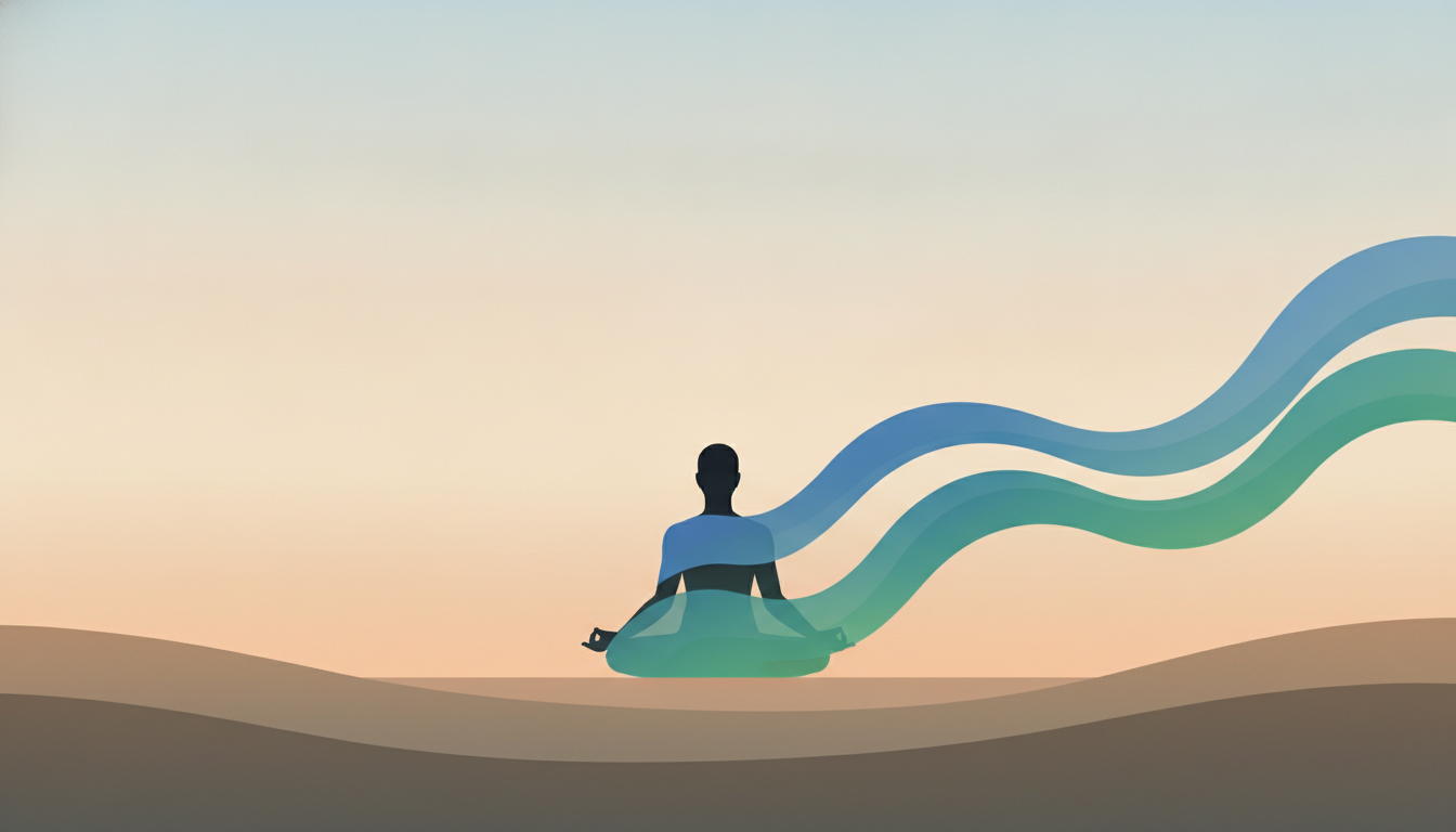 Eine ruhige Landschaft unter einem ruhigen Himmel, in der sanfte, breite Wellen aus blauer und grüner Energie fließend durch die Silhouette einer Person strömen und tiefe Entspannung verkörpern.