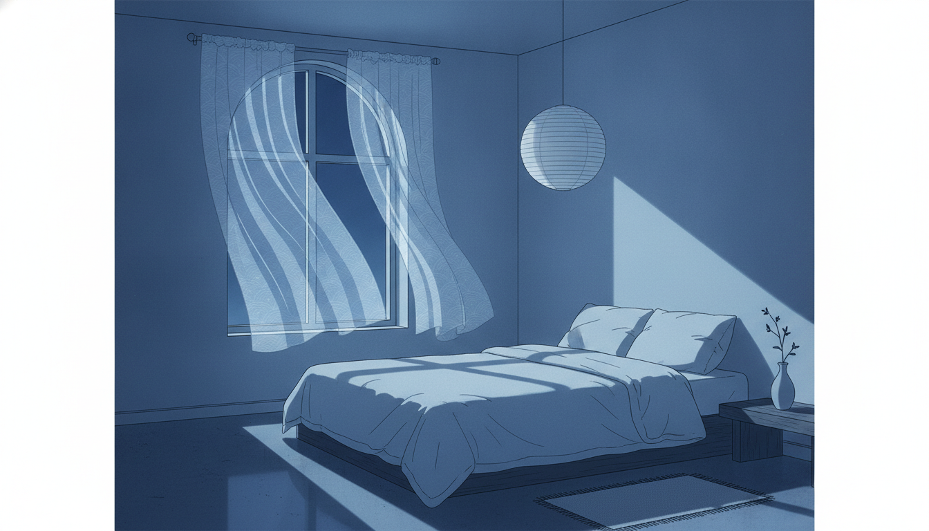 Ruhiges Schlafzimmer, tiefblaues Mondlicht, Fenster, Vorhang, kühler Luftzug, stille Oase, Schlafumgebung