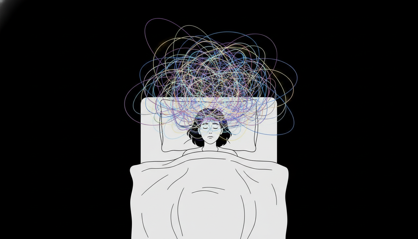 Eine Person liegt wach im Bett, umgeben von einem chaotischen, wirbelnden Wirbel aus hell erleuchteten, verhedderten Linien, die Gedanken darstellen, und kann nicht in die ruhige Dunkelheit entweichen, was Schlaflosigkeit durch Hyperarousal verdeutlicht.