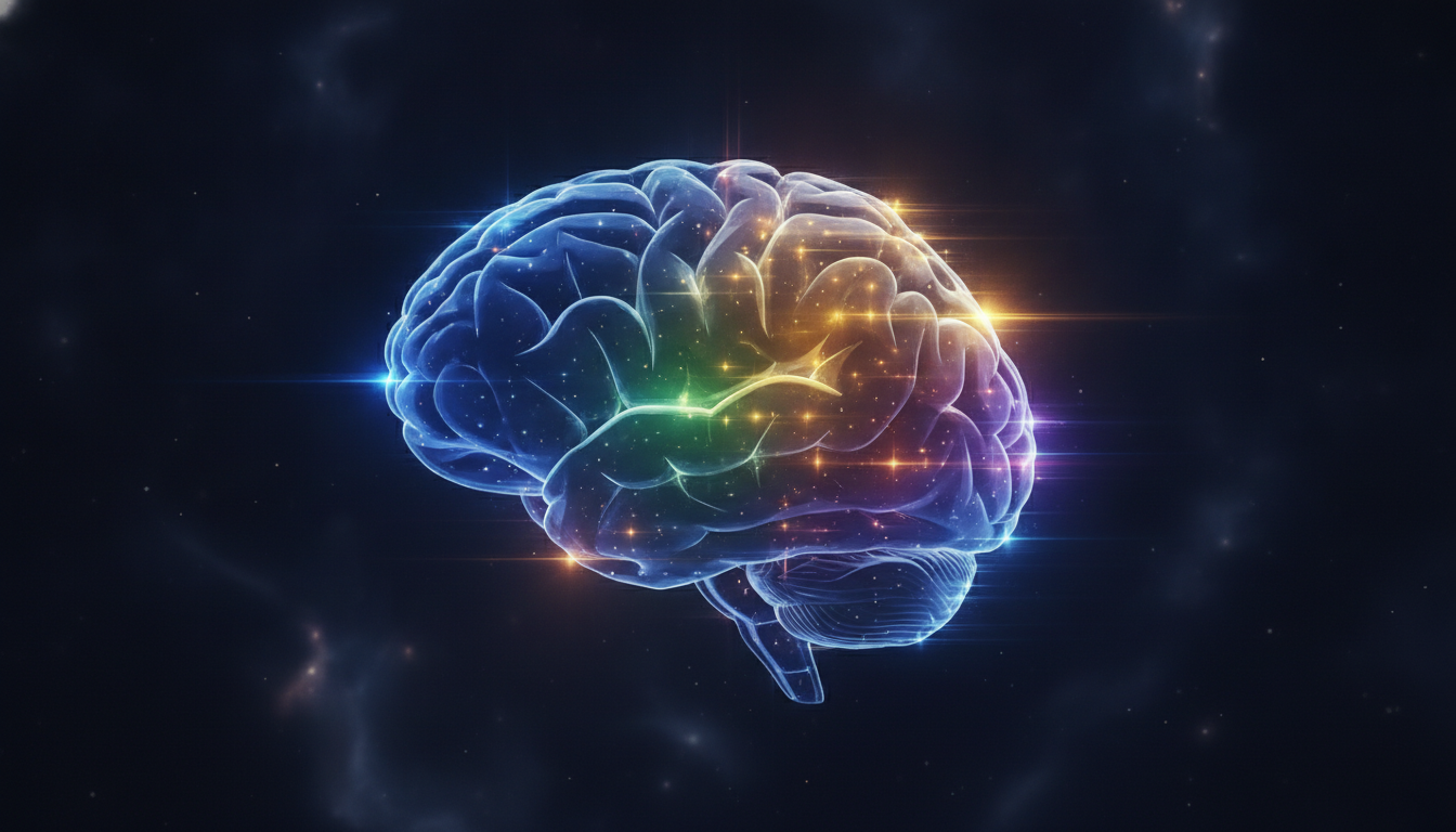 Ätherische Visualisierung des menschlichen Gehirns, das mit unterschiedlichen Farben und Frequenzen von Licht pulsiert, um verschiedene Gehirnwellen und Bewusstseinszustände darzustellen.