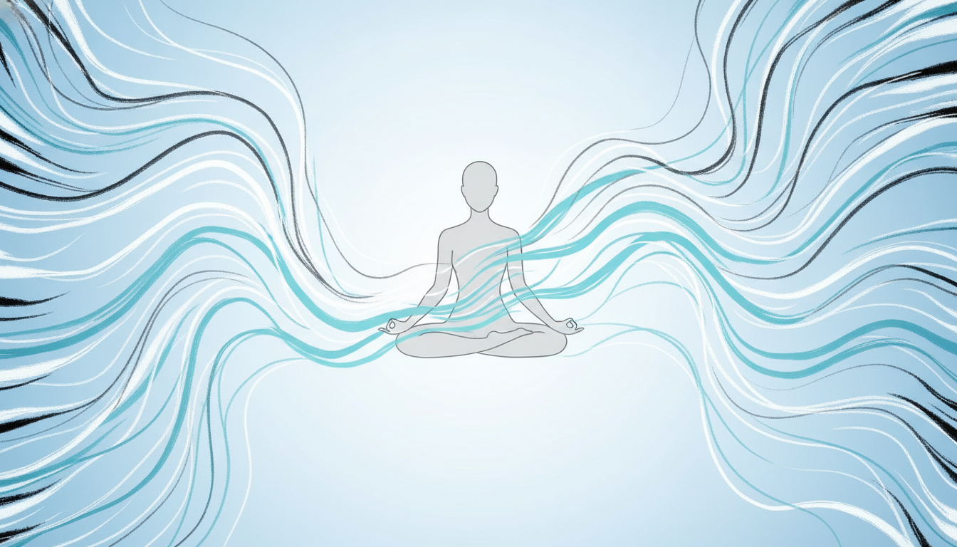 Eine Person in meditativer Haltung, umgeben von chaotischen Linien, die zu ruhigen Mustern werden, was einen friedlichen Geist darstellt.